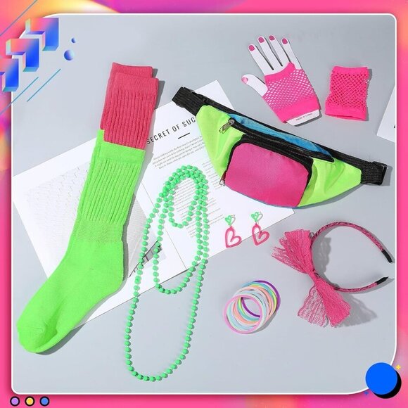 Neon Retro Fanny Pack Socks Hairband Fishnet Gloves 80s Costume Accessory main image 5